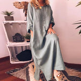 Vintage Casual Crew Neck Long Maxi Dress Women 2023 Spring Solid Pocket Simple Cotton Dress Autumn Long Sleeve Loose Boho Dress