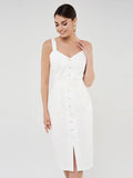 Poshoot Casual V Neck Backless White Dress Solid Color High Waist Single-Breasted Straight Summer Dresses For Women 2022