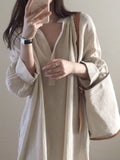 Poshoot Summer New Loose Ladies Dress Solid Color Simple Cotton And Linen Shirt Dress Mid-Length V-Neck Over-The-Knee Casual Dress