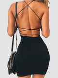 Poshoot Sexy Black Dress Summer Women Clothes Solid Color Backless Spaghetti Straps Nightclub  Mini Dress Bodycon Evening Party Low Neck