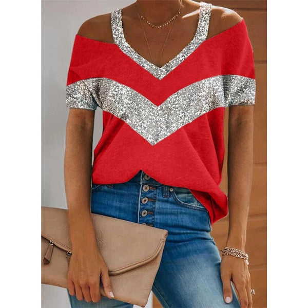 POSHOOT Summer Sexy Striped Sequins Short Sleeve T-Shirts Color Block Off Shoulder Tops Women V-Neck Halter Loose Casual Tees Tshirts