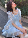 POSHOOT Blue Lolita Kawaii Dress Women Summer 2022 Chiffon Korean Sexy Elegant Party Mini Dresses Lace Casual Cute Princess Fairy Dress