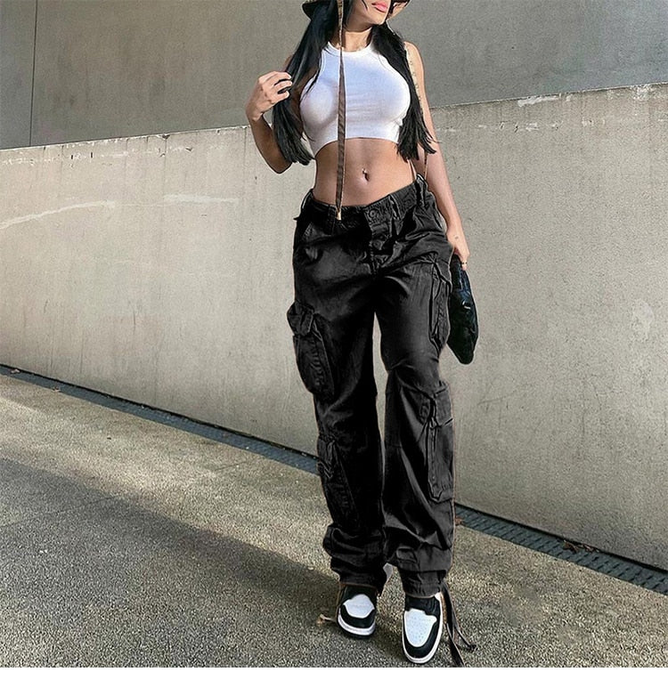 Poshoot Army Green Cargo Pants Baggy Jeans Women Fashion Streetwear Pockets Straight High Waist Casual Vintage Denim Trousers Overalls