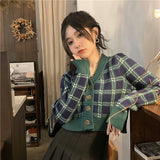 Poshoot Vintage V-Neck Plaid Women's Sweater Single Breasted Cardigan For Women Autumn Winter Korea Fashion Cropped Cardigan