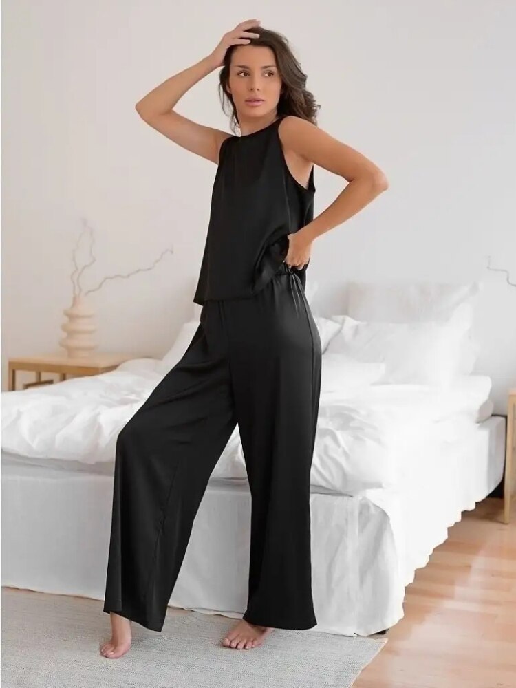 Poshoot Women Pajama Suit Spring Summer Female Homewear Sets Sleeveless Crossed Back Vest & Loose Trousers Two Piece Sets