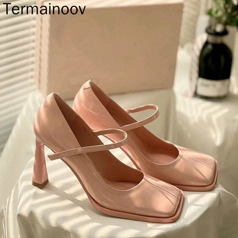 POSHOOT Women Pumps New Square Toe Retro Patent Leather Dress Sgies Buckle High Heels Pink Mary Jane Heeled Office Shoes