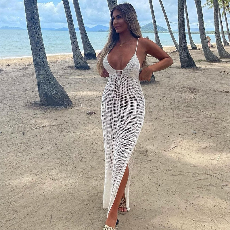 POSHOOT Hollow Out Sexy Backless Knitted Sweater Midi Dress 2022 White Halter Deep V Party Club Women Split Bodycon Dress