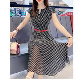 POSHOOT Summer Elegant Fashion Printed Chiffon Women Dress Ruffles Sleeve Chic Midi Dress Korean Temperament Sleeveless A-Line Skirt