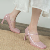 POSHOOT Women Pumps New Square Toe Retro Patent Leather Dress Sgies Buckle High Heels Pink Mary Jane Heeled Office Shoes
