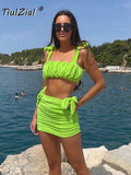 POSHOOT Beach Summer Dress Set 2022 Tie Up Crop Top And Mini Skirt Green White Holiday Club Party Short Dress Women Outfits