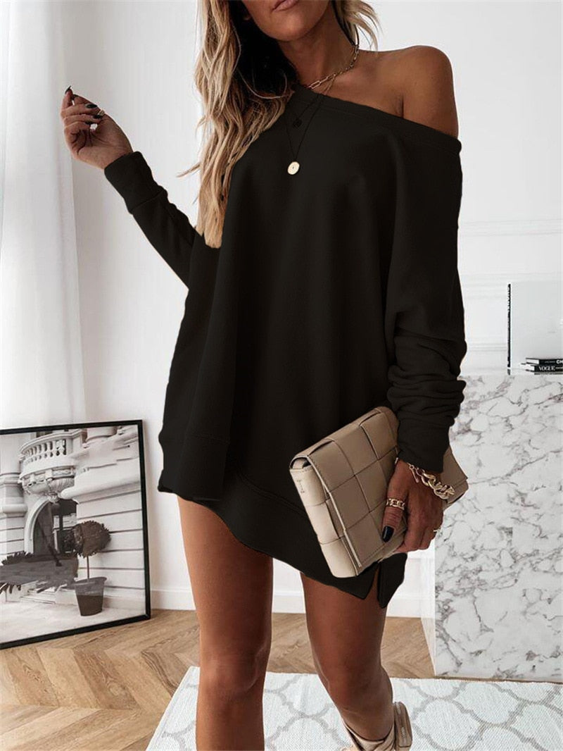 POSHOOT 2022 Autumn Women's Dress Black Long Sleeve Off The Shoulder Casual Dresses Female Winter Sexy Solid Fashion Ladies Clothing