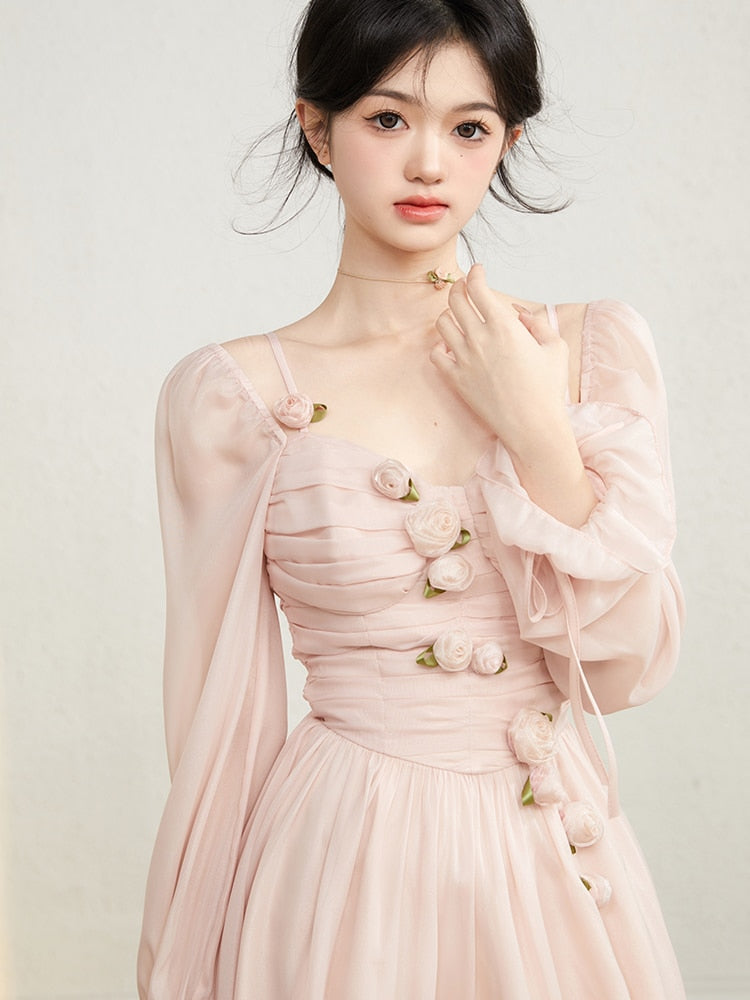 Poshoot  fashion inspo  Long Sleeve Spaghetti Strap Dress French Vintage Sweet Mini Flower Dress Slim Pink Fairy Short Dress for Women Sundress Vestidos