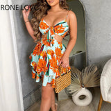 POSHOOT Women Elegant Spaghetti Strap Floral Print Ruffle Hem Midriff Mini Hollow Out Vacation Sexy Dresses