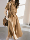 Poshoot 2023 Summer New Light Luxury Imitation Mulberry Silk Shirt Skirt Over-The-Knee Lace-Up Dress Single-Breasted Work Dress