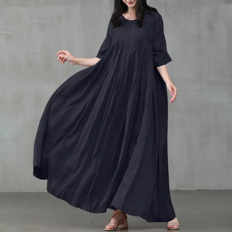 POSHOOT Casual Temperament Dress Women's Cotton And Linen Round Neck Pleated Large Swing Skirt Solid Color Large Swing Skirt Pullover