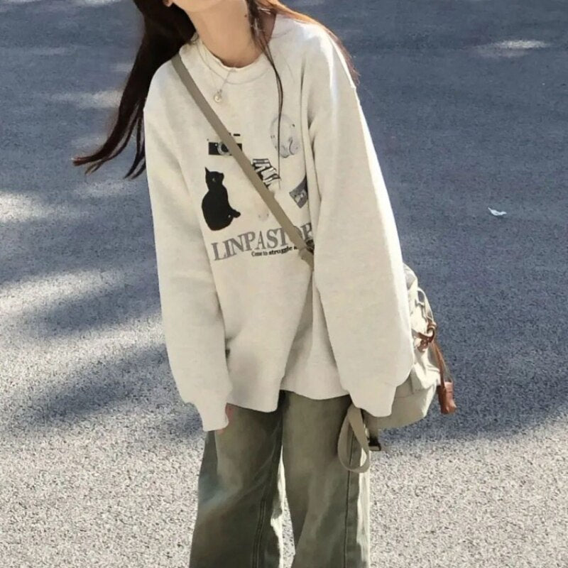 Poshoot Autumn Outfits     Korean Fashion Graphic Grey Sweatshirts Women Harajuku Kpop Long Sleeve Pullover Y2k American Retro Oversize Loose Tops