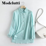 Back To School Poshoot 2022 New Spring Fashion Long Sleeve Folded Sleeves Linen Shirt Women Casual Solid Color Blouses Simple Tops Female