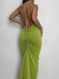 Poshoot Green Backless Maxi Dress Elegant Halter Ruched Evening Party Dresses For Women 2022 Summer Sleeveless Slim Long Club Outfits