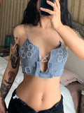 POSHOOT  Streetwear Metal Chain Strap Denim Tops Sexy Cami Backless Patched Lace Up Club Party Summer Crop Top Hot Cut Out New