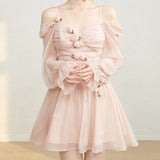 Poshoot  fashion inspo  Long Sleeve Spaghetti Strap Dress French Vintage Sweet Mini Flower Dress Slim Pink Fairy Short Dress for Women Sundress Vestidos
