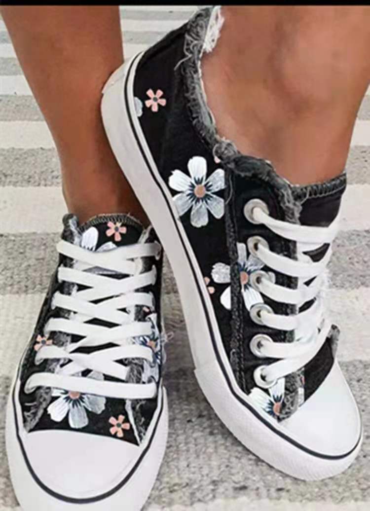 POSHOOT Women Shoes For Women 2022 Retro Floral Print Canva Shoes Female Fashion Student Spring Flat Lace-Up Sneakers Casual Shoes Women