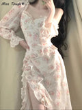 POSHOOT Summer Beach Floral Party Midi Dress Women Print Casual Korean Style Sweet Dress Female Lace Sexy France Vintage Fairy Dress New