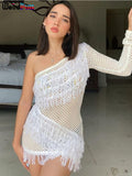 Poshoot   Knit Tassel One Shoulder Party Dress Women Hole Skinny Stretch Vacation Birthday Bodycon Beach Style Clubwear Outfit