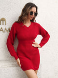 Poshoot Women Long Sleeve Autumn Winter Sweater Sheath Mini Dresses Female Solid Color V Neck Knitted Tight Short Dress