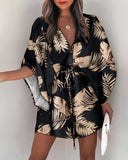 Poshoot Summer Mini Loose Dress Casual Drawstring Tie-Up Fashion Print Batwing Sleeve Beach Sexy Button V Neck Women Party Dresses