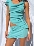 Summer Sexy Dress Set Women Outfits Y2K Casual Sleeveless Draped Tank Top And Mini Skirt Two Piece Sets Beach Suit