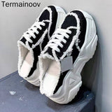 POSHOOT Termainoov Women Slippers Lace Up Wedges Half Slipper Canvas Shoes Platform Comfort High Heels Women Summer Slidders