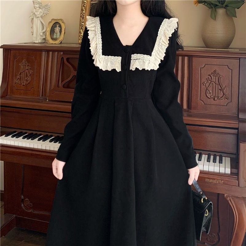 Poshoot Autumn Outfits      Korean Preppy Style Black Tunic Dress Women Vintage Elegant Ruffles Patchwork Long Sleeve Midi Princess Dresses Female