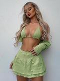 Beach Skirt Suit Y2K Solid Women Outfits  Backless Halter Neck Camis And Ruffle Short Skirts Two Piece Set Club Prom