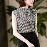 POSHOOT Summer Korean Elegant Stand Collar Vintage Plaid Printed Bow Lacing Chiffon Shirt Women Loose Casual Sleeveless Blouse Lady Top