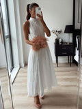 Poshoot Casual Embroidery Lace White Dress Fashion High Neck Sleeveless Pullover A-line Skirt Chic Waistband Beach Party Slim Vestido