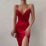 Poshoot Elegant Women Sleeveless Backless Solid Bodycon Evening Party Dresses 2022 Female Slim Fit V-Neck Velvet Split Midi Prom Dress