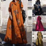 POSHOOT Fashion Woman's Gown Plus Size Cotton Linen Dresses Retro Ethnic Printing Loose Tops Long-Sleeved Large Swing Blouse Clothing