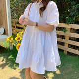 Poshoot Women Dresses Summer Sweet White Puff Sleeve Turn-Down Collar  A-Line Mini Dress Korean Short Sleeve Dresses For Women 2022