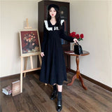 Poshoot Autumn Outfits      Korean Preppy Style Black Tunic Dress Women Vintage Elegant Ruffles Patchwork Long Sleeve Midi Princess Dresses Female