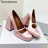 POSHOOT Women Pumps High Heels Mary Janes Chunky Heel Round Toe Stain Heeled Dress Shoes Pink Wedding Shoes Silk Hoof Heel