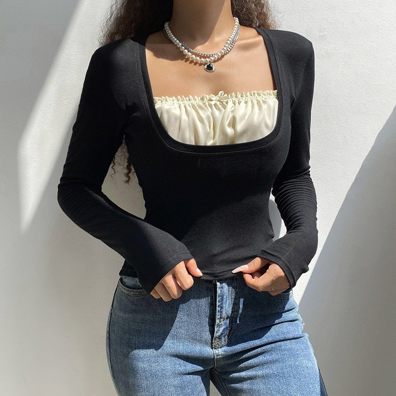 Poshoot   2022 Y2K Vintage Patchwork Tshirts Women Buttons Square Neck Long Sleeve T Shirt Fairycore Grunge Casual Slim Crop Top