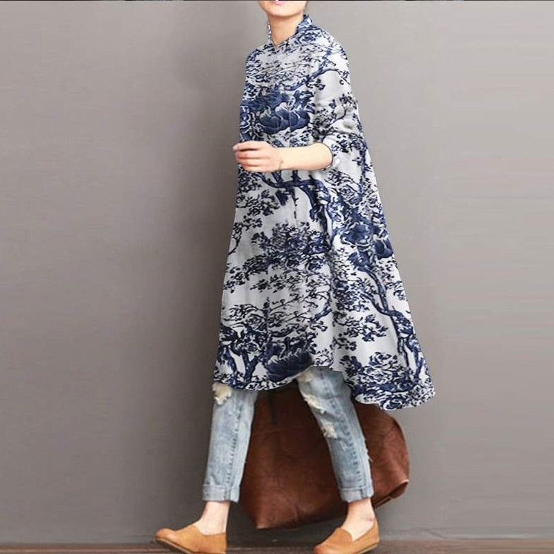 POSHOOT Cotton And Linen Printed Shirt Women's Fashion Long-Sleeved Loose Casual Literary Small Fresh Mid-Length T-Shirt Knee-Length Top