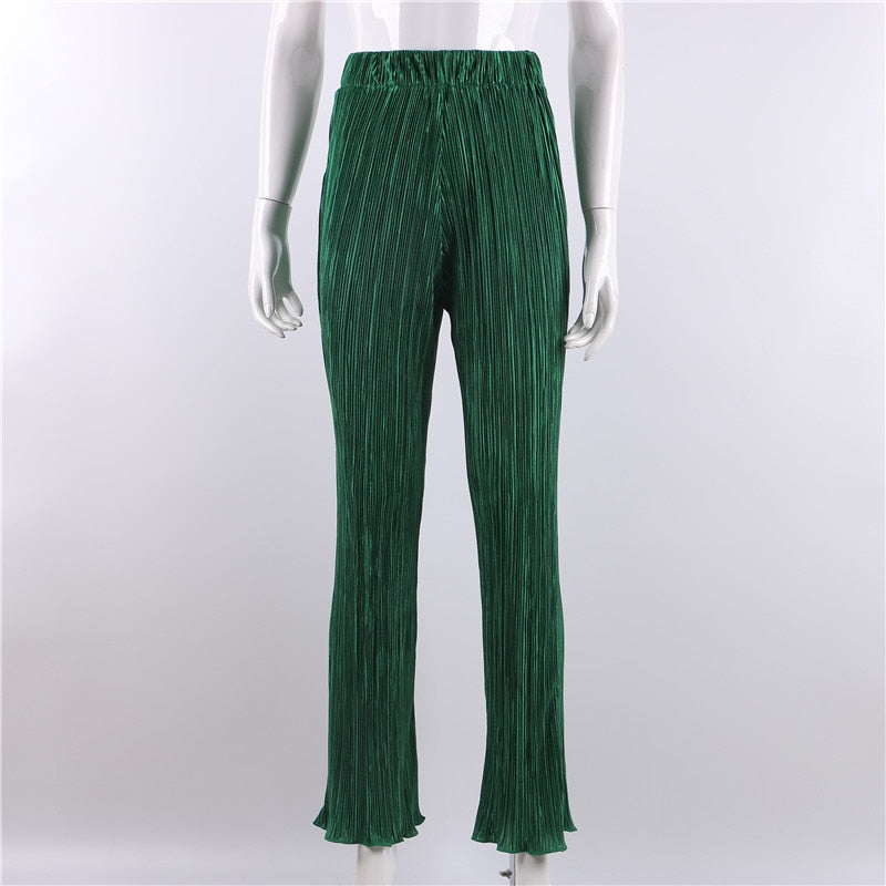 POSHOOT Pleated Y2K High Waist Straight Pants Women Summer Long Trousers Wide Leg Capris Pant Bottom Green Plisse