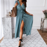 Poshoot Bandage Flroal Green Dress For Women Summer Boho V Neck Pleated A Line Midi Dresses Beach Casual Vacation Elegant Girl Robe 2022