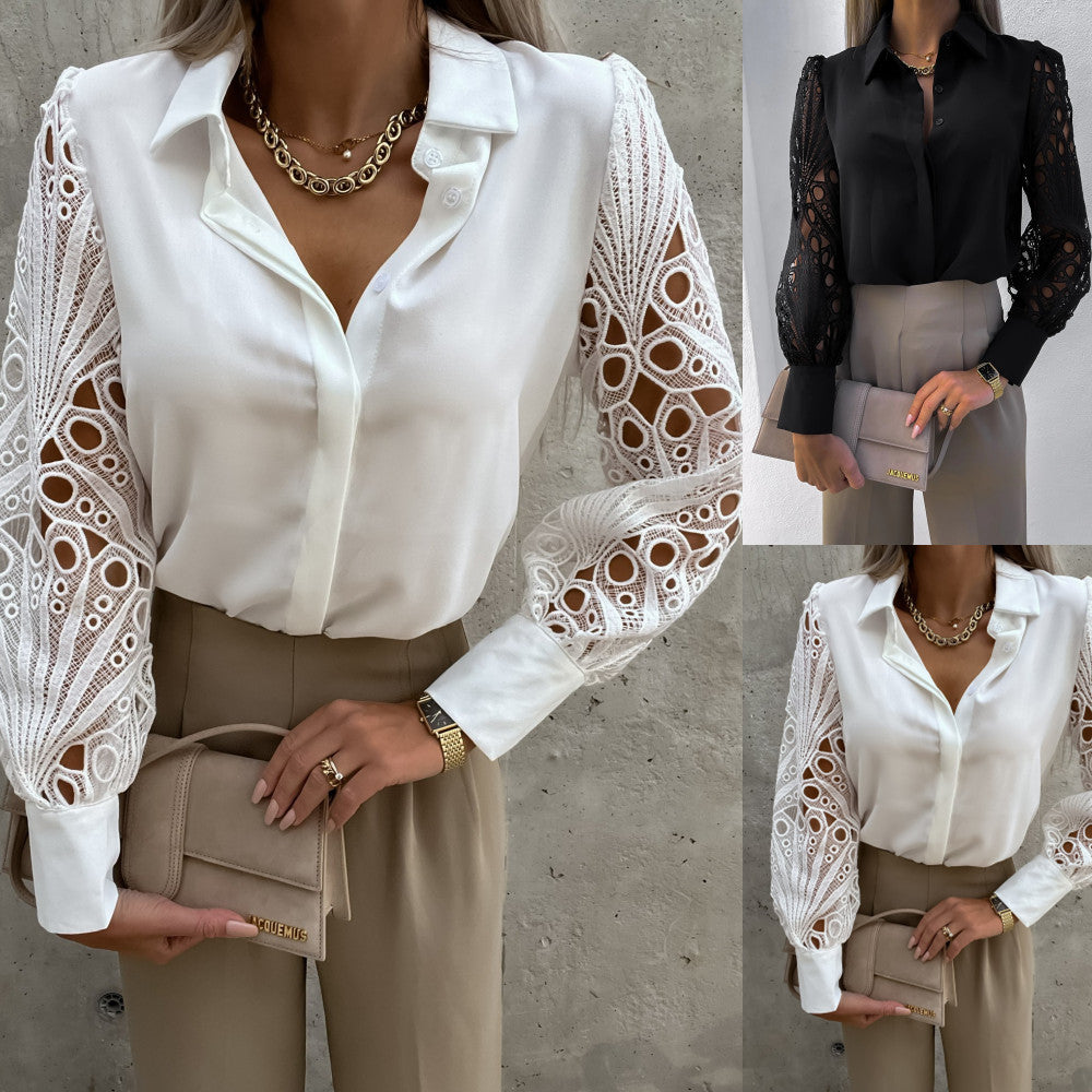 POSHOOT Summer 2022 Casual Fashion Solid Lace Patchwork Long Sleeve Shirt Female Lapel Single Breasted Loose Blouse Hipster Streetwear