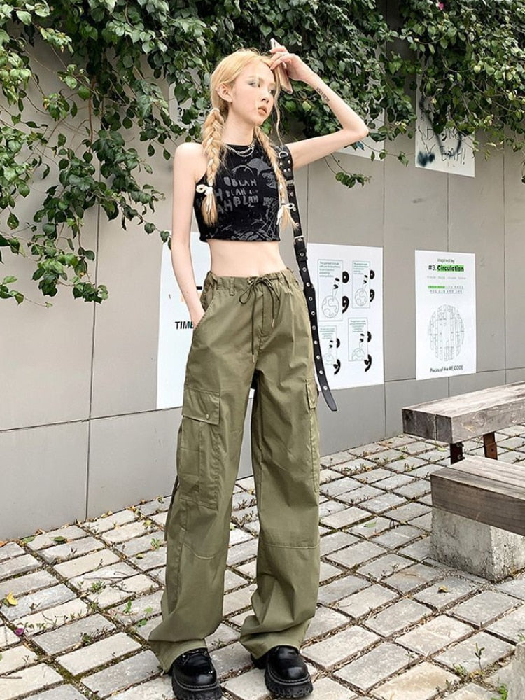 Poshoot  Autumn Outfits   Y2k Vintage Green Cargo Pants Women Hippie Kpop Oversize Black Baggy Trousers Cyber Punk Harajuku Wide Leg Pantalons