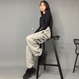 Poshoot  Autumn Outfits   Hippie Korean Style Letter Grey Sweatpants Women Kpop Streetwear Oversize Track Pants Harajuku Wide Leg Baggy Trousers