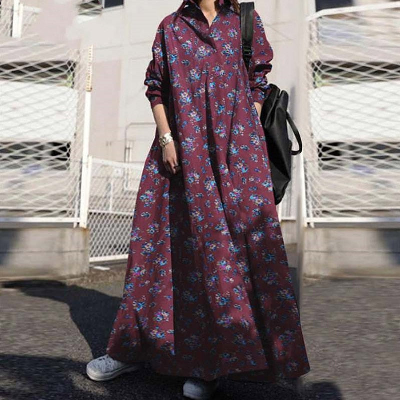 POSHOOT Fashion Printed Dress Women's Cotton And Linen Loose Oversized S-5XL Dresses Lapel Long-Sleeved Large Hem Casual And Floor Skirt