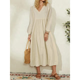 POSHOOT Fashion Women's Dresses Loose Lantern Sleeves And Calf Skirts Casual Cotton Linen V-Neck Temperament Sexy Big Swing Long Skirts