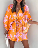 Poshoot Summer Mini Loose Dress Casual Drawstring Tie-Up Fashion Print Batwing Sleeve Beach Sexy Button V Neck Women Party Dresses